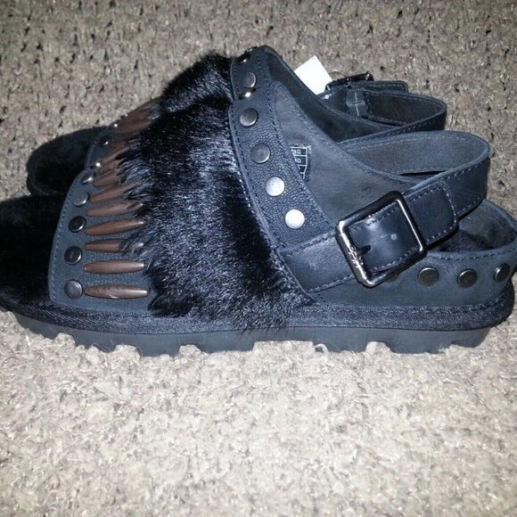 UGG-Black Studded Sheepskin/Leather/Fur-BIKER CHIC-Slingback Sandals-Sz 8.5-NEW - Picture 7 of 8